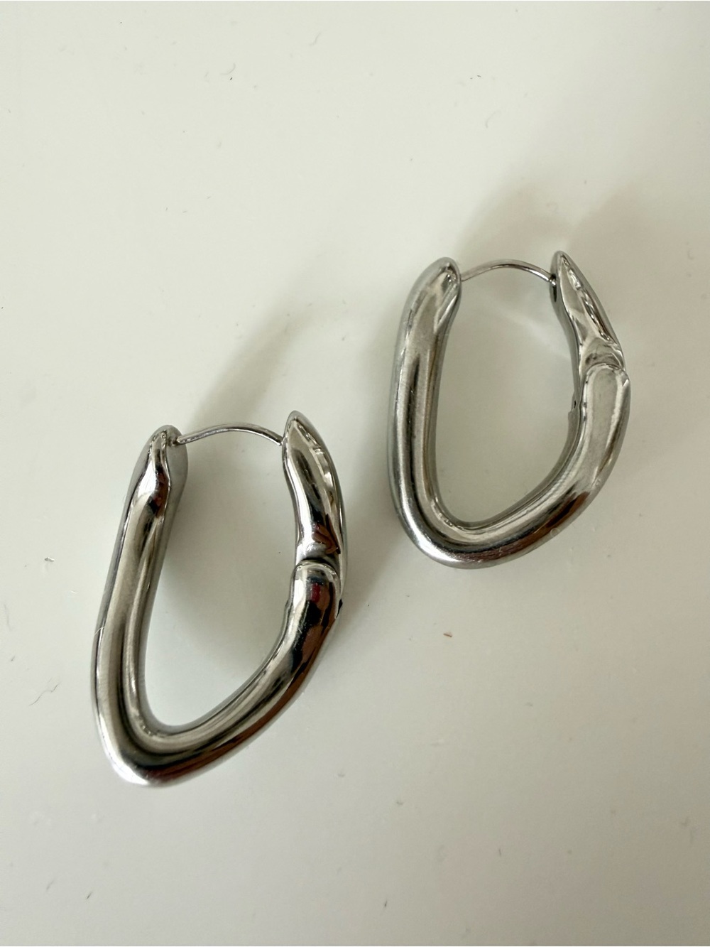 Silver Stainless Steel Molten Oblong Sculptural Hoop Earrings - Picture 4 of 5